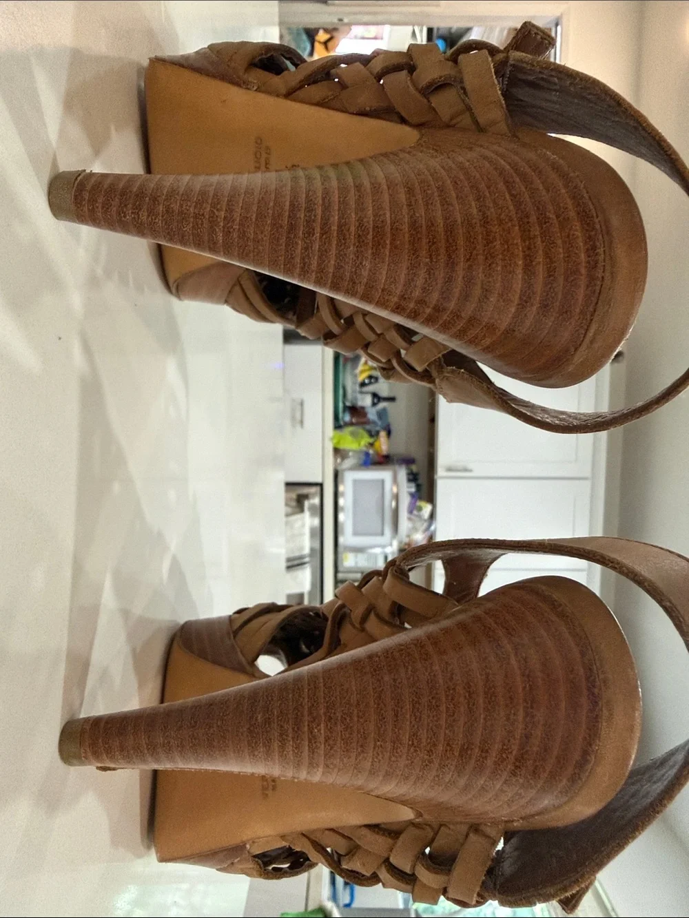 Barneys co-op Tan Woven Leather High Heel Sandals